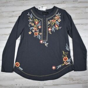 Frazzle Floral Embroidered Henley Top Womens S Gray Long Sleeve Boho Cottage NWT